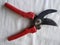 Tool, garden pruner, scissors, black with red plastic handles top view