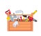 Toolbox with equipment. Wooden toolkit box with saw, drill, brush trowel and building level. House repair tools