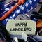 Tools, American flag and text happy labor day