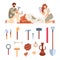 Tools for archeology excavations, ancient artifact and working archaeologists.