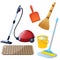 Tools for cleaning and housework. Color images of hoover with carpet, mop with bucket of water, broom with dustpan on white