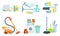 Tools for Cleaning Set, Household Supplies, Washing Machine, Detergent Bottles, Mop, Brush, Vacuum Cleaner Vector