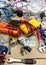 Tools, countertop Electrician equipment. Working mess. Measuring devices, wires, fasteners