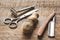 Tools for cutting beard barbershop on wooden background