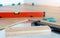Tools and equipment for laying of laminate floor, spirit level, folding ruler, pulling iron