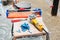 Tools of a floor tiler on a workbench