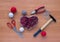 Tools for handiwork in stile String Art on wooden table