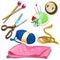 Tools and materials for seamstress - needles, scissors, needles, fabric and other stuff for tailor. Seven icons isolated