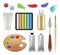 Tools for painters. Craft office supplies pencils brushes tubes with oil paint pallete decent vector realistic set