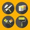 Tools for repair, paint brush, paint cans, saw, hammer, roller, flat style,