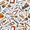 Tools seamless pattern of hammer, screwdriver, saw