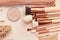 Tools for women`s makeup, brushes for applying powder, eye shadow and lip gloss