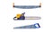 Tools for wood processing and carpentry. Saws set. Woodworker and lumberjack equipment cartoon vector illustration