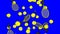 Toon style yellow tennis balls and tennis rackets on blue chroma key background.