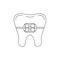 Tooth in braces dental line art icon isolated on white background