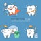 Tooth with brush, floss, pick and mouthwash. Keep your teeth clean. Cute and funny characters for dentistry