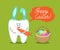 Tooth with bunny ears holds a carrot and stands near Easter basket with eggs.