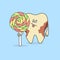 Tooth with a candy and decay or caries. Teeth discoloration. Dental care icon. Cartoon tooth. Bad food for your teeth.