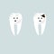 Tooth with and without caries, funny teeth with facial expressions, a healthy and aching tooth requiring treatment, vector