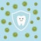 Tooth character in protective shield. Germs characters attack.