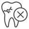 Tooth with crack line icon. Impacted caries problem, needed to remove symbol, outline style pictogram on white