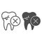 Tooth with crack line and solid icon. Impacted caries problem, needed to remove symbol, outline style pictogram on white