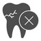 Tooth with crack solid icon. Impacted caries problem, needed to remove symbol, glyph style pictogram on white background