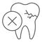 Tooth with crack thin line icon. Impacted caries problem, needed to remove symbol, outline style pictogram on white