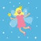 Tooth fairy flying wings. Smiling teeth mouth. Girl holding star magic wand. Shining fairy dust. Cute baby teeth cartoon character
