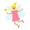 Tooth fairy flying wings. Smiling teeth mouth. Happy girl holding star magic wand. Cute baby teeth cartoon laughing character in d