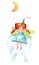 Tooth fairy funny redhead cute girl sitting on a big tooth. Watercolor hand drawn illustration. Moon and stars. Fantasy