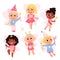 Tooth fairy set, princess girls with crown and cute dresses holding magic wand, flying