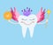 Tooth fairy wearing crown and holding a star magic wand and coin. The tooth fairy smiles and flies to give the coin. The