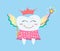 Tooth fairy wearing a polka dot skirt, crown and holding a star magic wand and coin. Tooth fairy flies and hides a coin