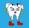 tooth funny cartoon character. Upset distressed tooth with caries. Vector illustrations for dental business