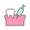 Tooth gums with anesthesia syringe, dental related icon, filled
