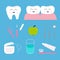 Tooth health icon set. Toothpaste, toothbrush, dental tools instruments, thread, floss, mirror, brush, water. Children teeth care.