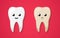 Tooth isolated on a red background. Clean happy and smiling. Cute cartoon character. Sad dirty decayed tooth. Dental health.