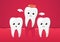 Tooth isolated on a red background. Cute cartoon character. Tooth missing, dental disease. Dental health, care. Simple cartoon