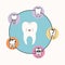 Tooth kawaii caricature with eyes closed and smiling expression with circular frame icons dental care on white