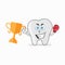 The Tooth mascot character wins a boxing trophy. vector illustration