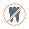 Tooth with prohibition sign colored icon. Transplantation, amputation internal organ, pull out a tooth, no tooth symbol