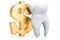 Tooth with symbol of dollar. Cost of dental services concept, 3D rendering