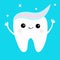 Tooth with toothpaste hair. Hands up. Shining stars. Cute funny cartoon smiling character. Paste on head. Children teeth care icon