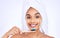 Toothbrush, dental care and portrait of a woman in a studio for a health and wellness routine. Smile, oral hygiene and