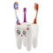 Toothbrush holder in form of tooth with cartoon face with three toothbrushes