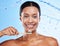 Toothbrush, hygiene and black woman portrait for dental wellness, teeth whitening and water splash. Smile, teeth and