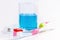 Toothbrush, mouthwash and toothpaste on white background