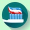 Toothbrush with toothpaste Icon flat style. Tricolor and shining sparkles
