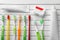 Toothbrushes, dental floss and paste on white wooden background